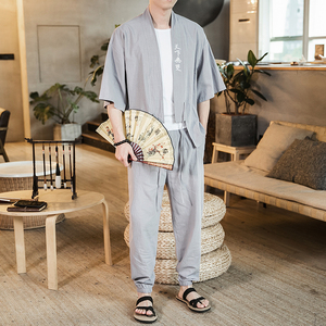 2023夏季 风男棉麻亚麻短袖T恤七分袖长裤（套装）TZ05/P100图片