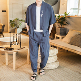 夏季短袖套装男风棉麻亚麻t恤潮休闲两件套道袍风衣TZ05/P100，男装休闲套装，钱塘713