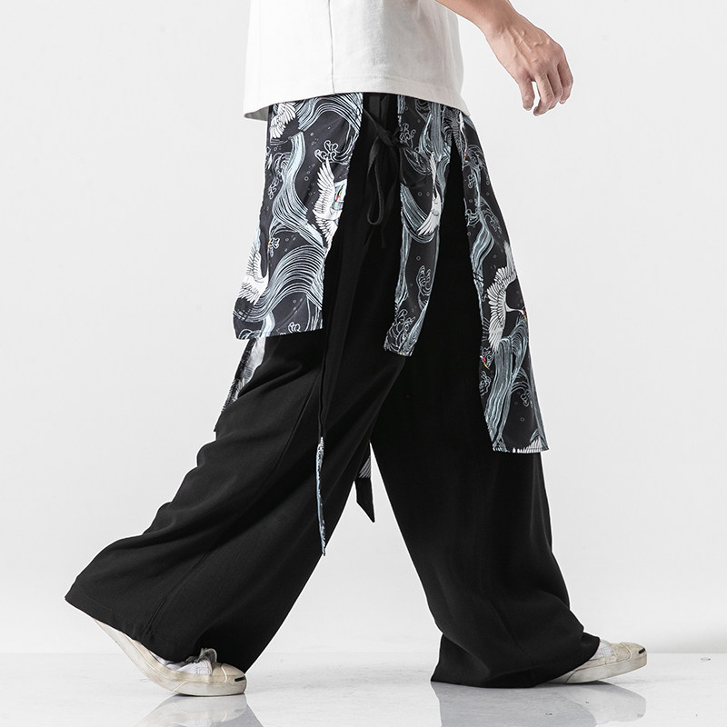 大码汉服拖地阔腿裤风宋裤仙气宽松仙鹤直筒长裤飘带K71/P85,男装休闲裤,钱塘713