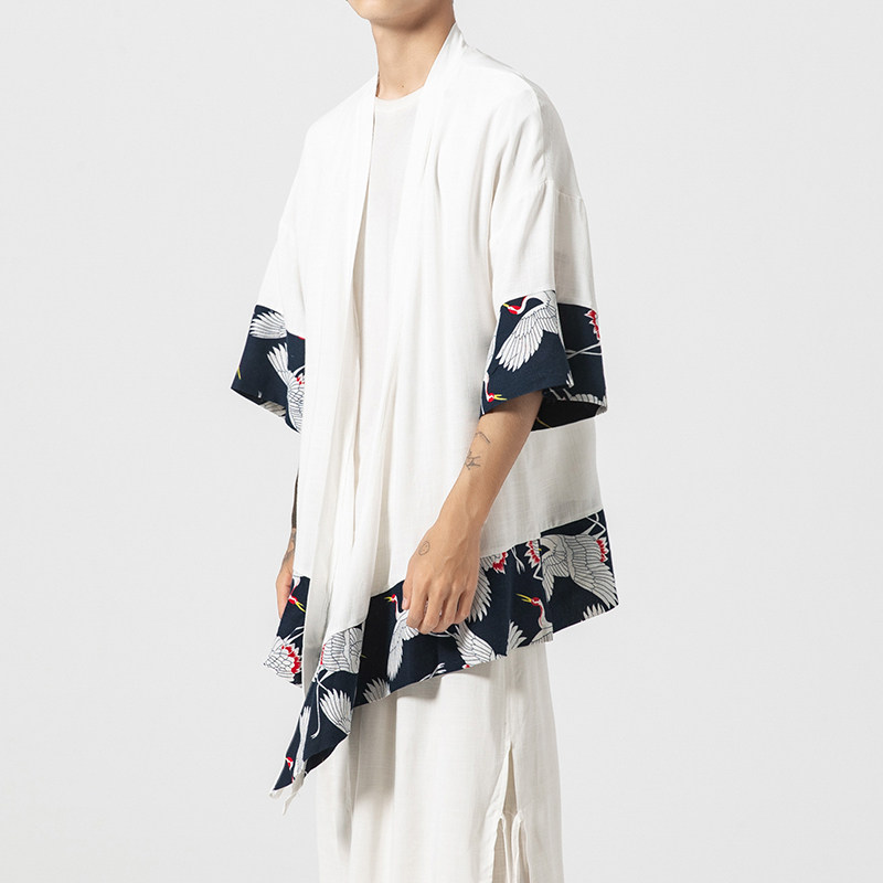夏风中长款棉麻风衣汉服道袍仙鹤日系大码披风防晒服F10/P65,男装风衣,钱塘713