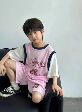 新款男童运动套装夏季短袖球服套装宝宝薄款速干假两件篮球服