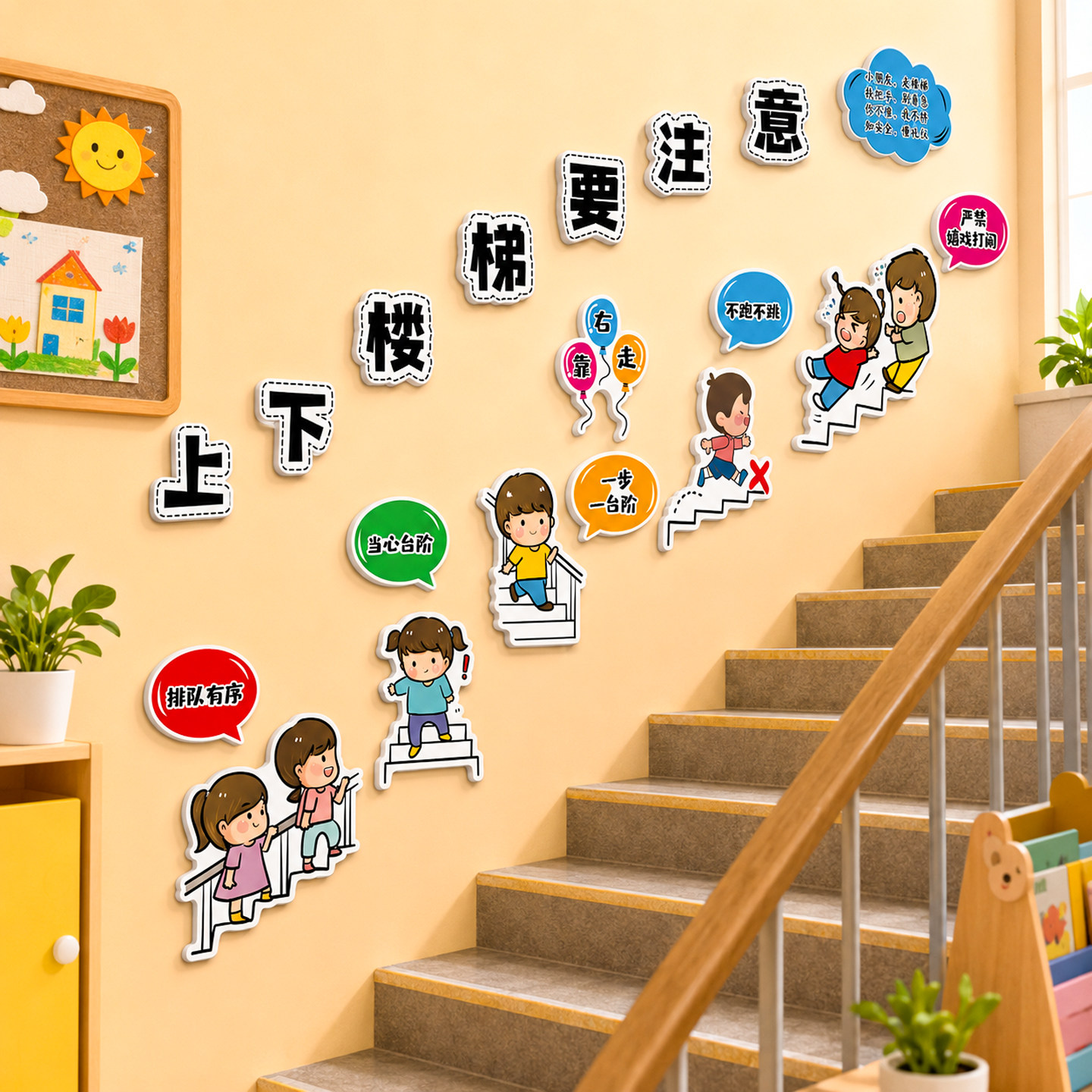 上下楼梯要注意提示贴幼儿园托管班大厅环创墙面装饰台阶文化墙贴
