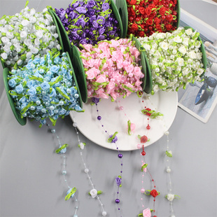 材料 饰diy花艺包装 丝带仿真玫瑰带叶8 3连线珠链条婚礼布置灯具装