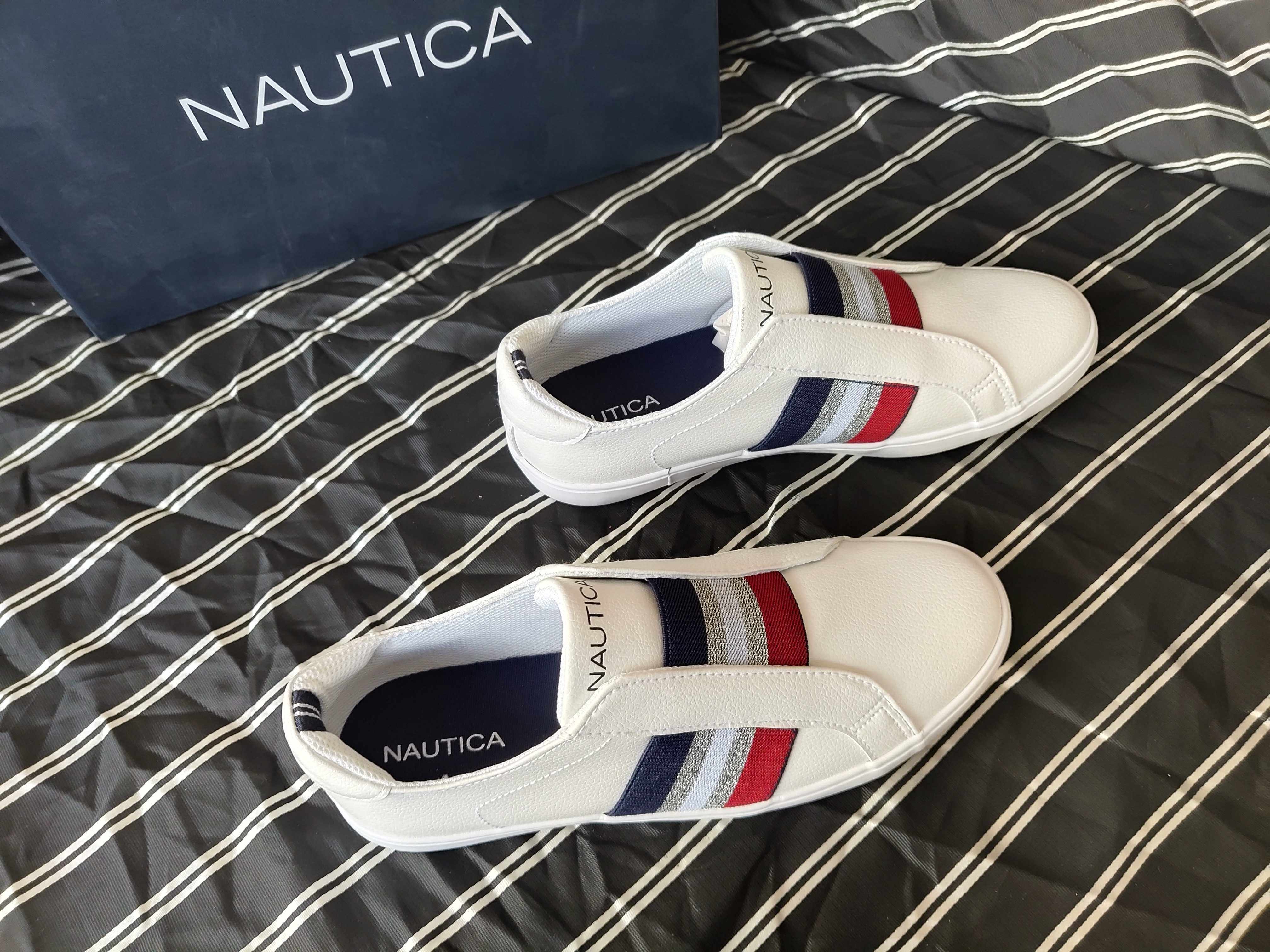 新款N*utica 诺帝＊ 小白鞋三色织带PU皮鞋一脚蹬松紧男女板鞋