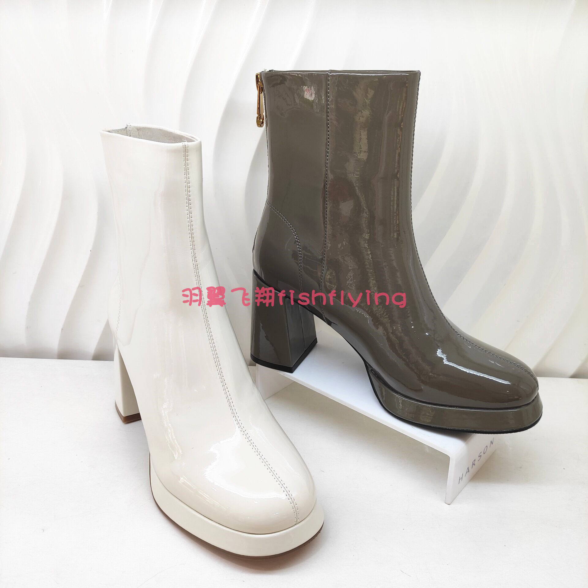 哈森harson专柜正品2022年冬新款厚底高跟漆面时尚女短靴ha229211