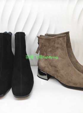 哈森专柜正品断码女短筒靴后拉链方头低方跟35小码金属跟HA06511