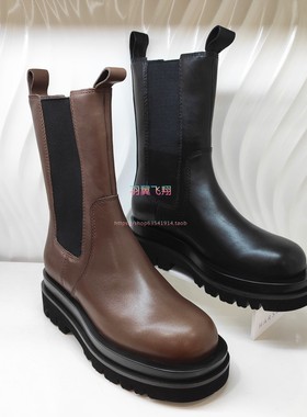 哈森专柜正品断码秋冬季加绒切尔西厚底牛皮女中筒烟筒靴HA06012