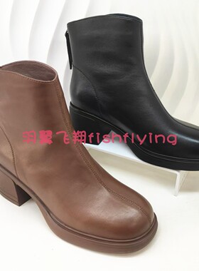 HA244102哈森HARSON专柜正品2024冬新款粗高跟复古后拉链女短靴子