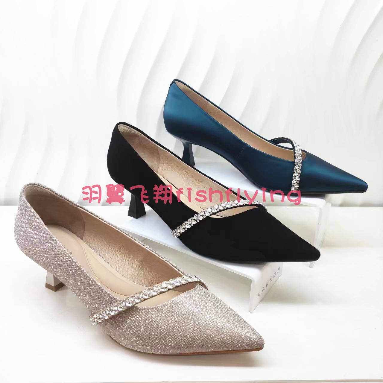 KS241513卡迪娜专柜正品2024春秋季中细跟尖头水钻金色宴会女单鞋
