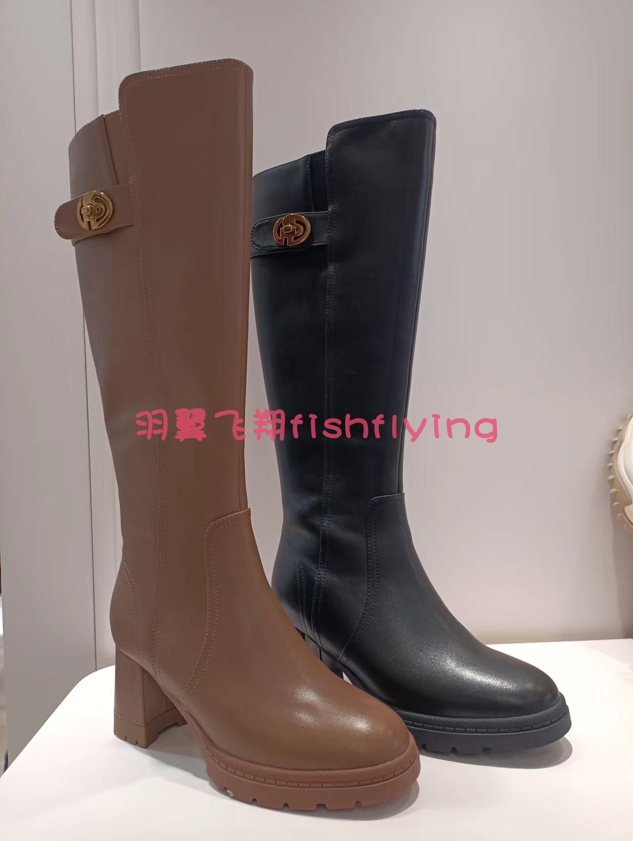 正品Harson/哈森圆粗高跟防水台加绒保暖牛皮女高筒靴HA227163