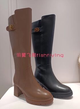 Harson/哈森圆粗高跟防水台加绒保暖牛皮女高筒靴HA227163
