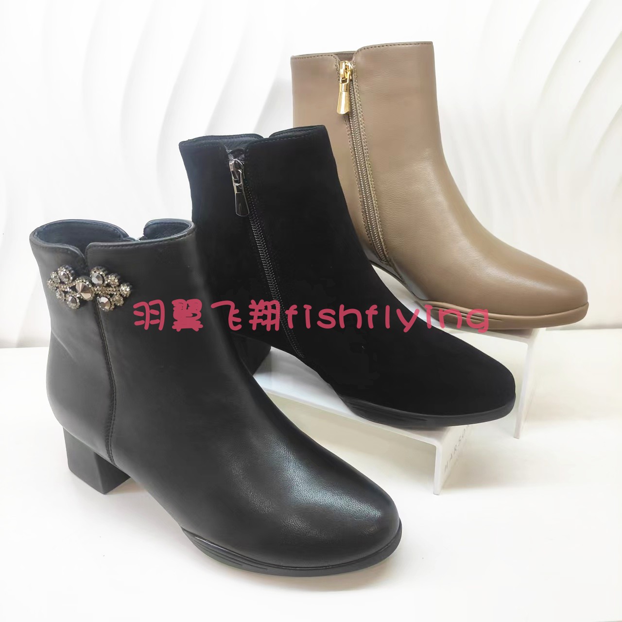 KA241557卡迪娜2024冬靴新橡胶软底宝石扣低方跟加绒通勤女短靴子