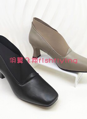 哈森专柜正品断码春秋粗跟方头灰色松紧口深口40大码女鞋HS237601