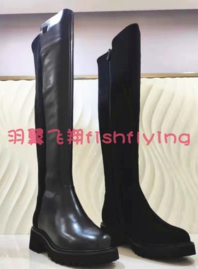 哈森专柜正品粗方跟厚底弹力布拼接断码加绒女高筒过膝靴HA15802
