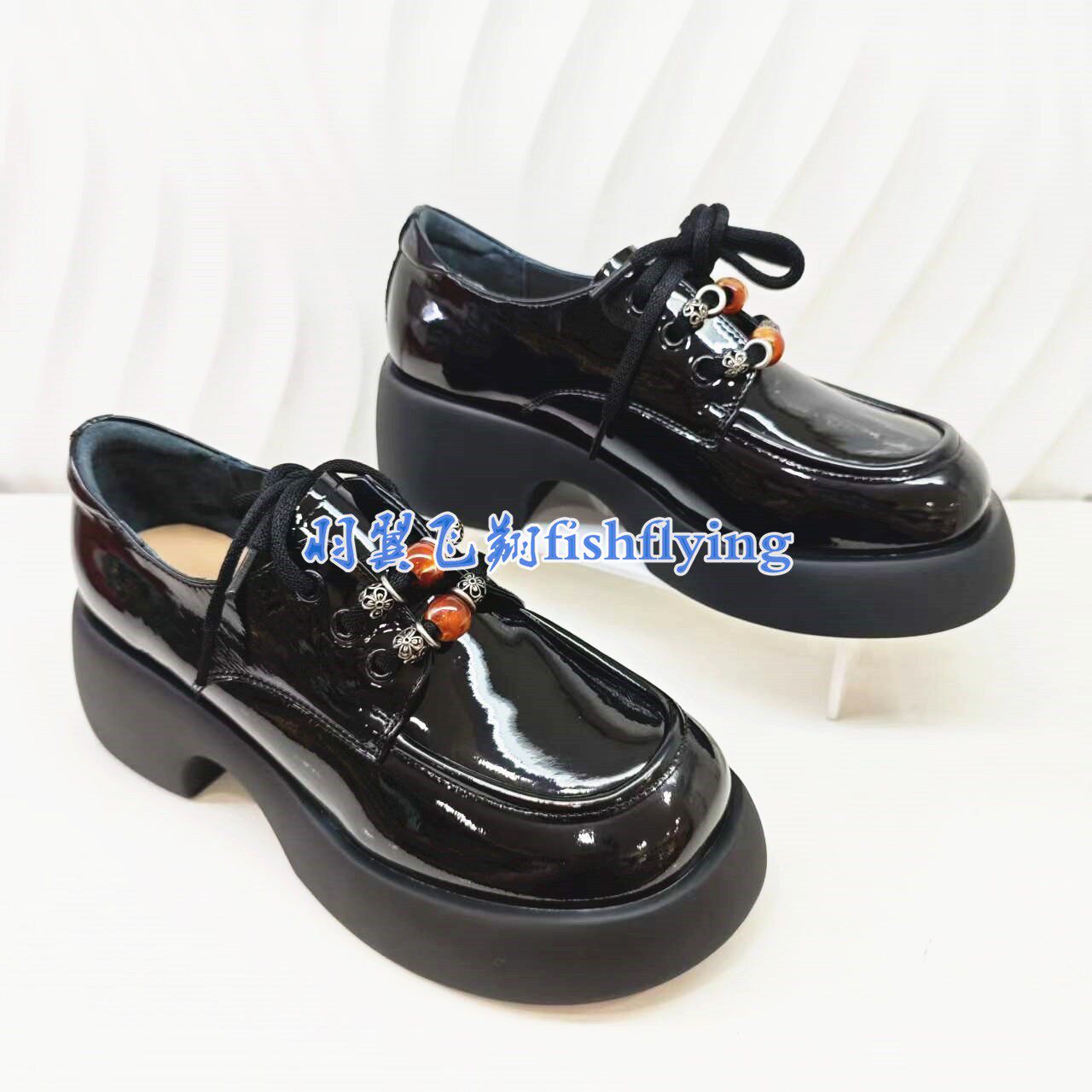 KS261807卡迪娜专柜正品2026春新款粗高跟平底系带漆皮乐福女单鞋