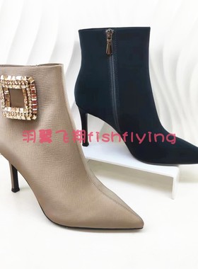 KA231521卡迪娜2023秋冬靴新细高跟方扣尖头香槟墨蓝色时装女短靴