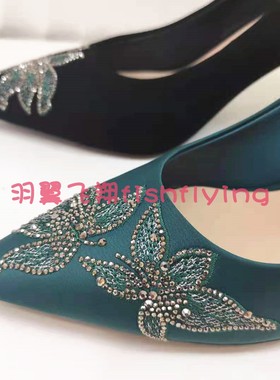 专柜正品卡迪娜2021秋新款细高跟绿色花卉刺绣尖头女单鞋KL11521
