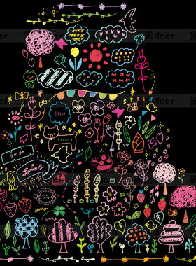 AI矢量手绘涂鸦黑板粉笔插画蜡笔简笔画竹笋蜜蜂樱花手账装饰图片
