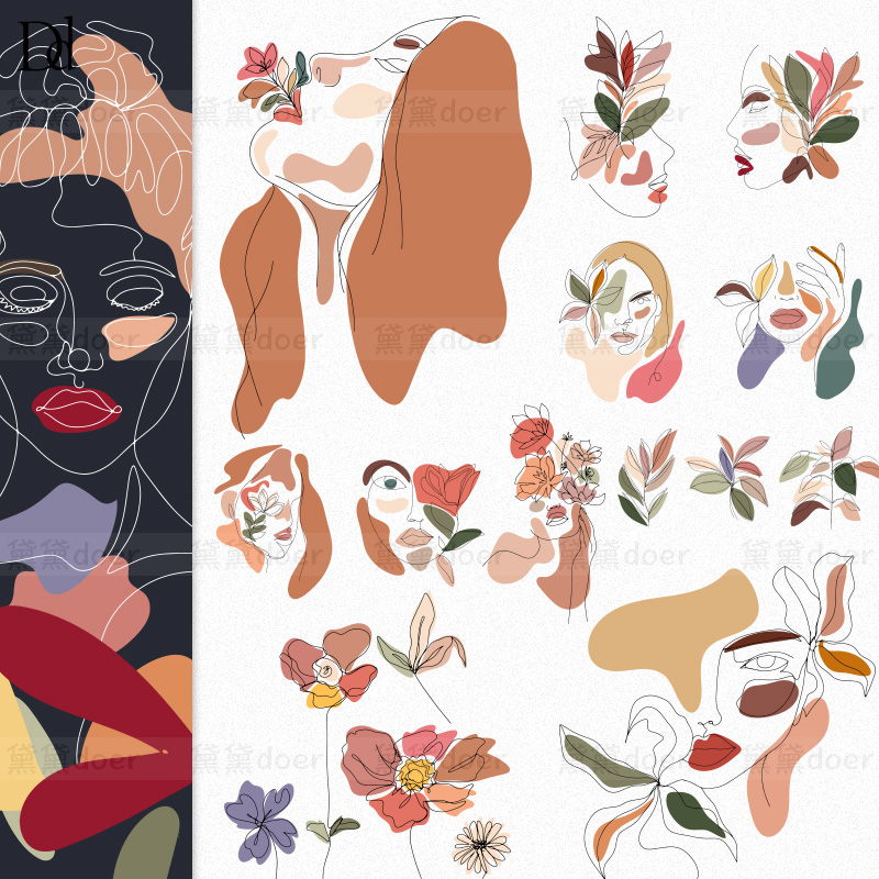AI矢量现代INS风抽象手绘女性线描植物叶子花卉插画平铺PNG素材