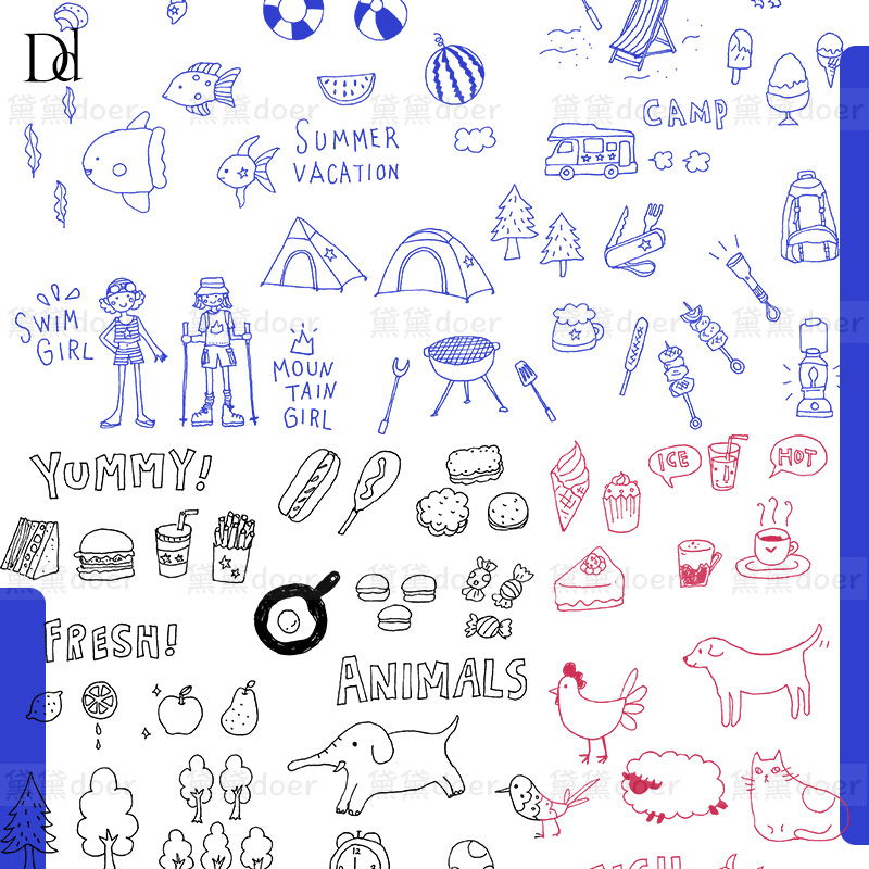 可爱涂鸦手绘线描手账小元素插画图标ai矢量png透明psd设计素材