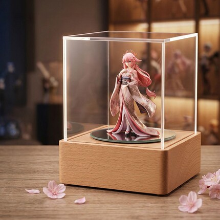 亚克力旋转展示架木质底座首饰展示柜防尘收纳盒潮玩手办动漫转台