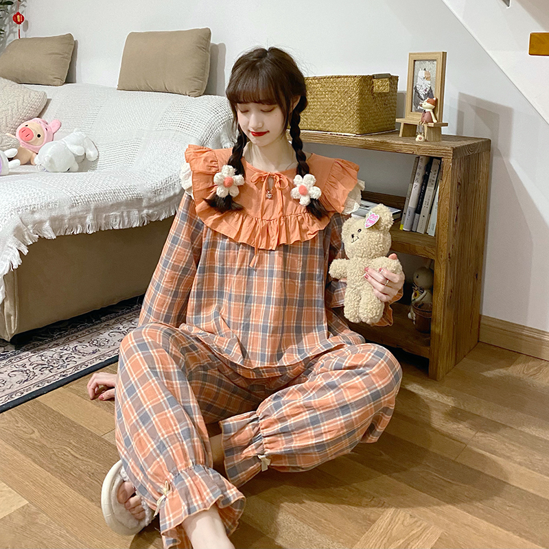 Real price - spring chic lotus collar pajamas with retro Plaid lace up leisure home two piece set