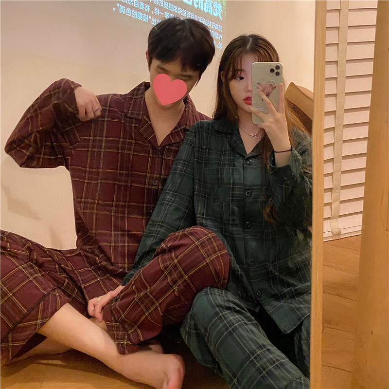 Real shooting - spring new chic Plaid leisure home wear two piece set for lovers