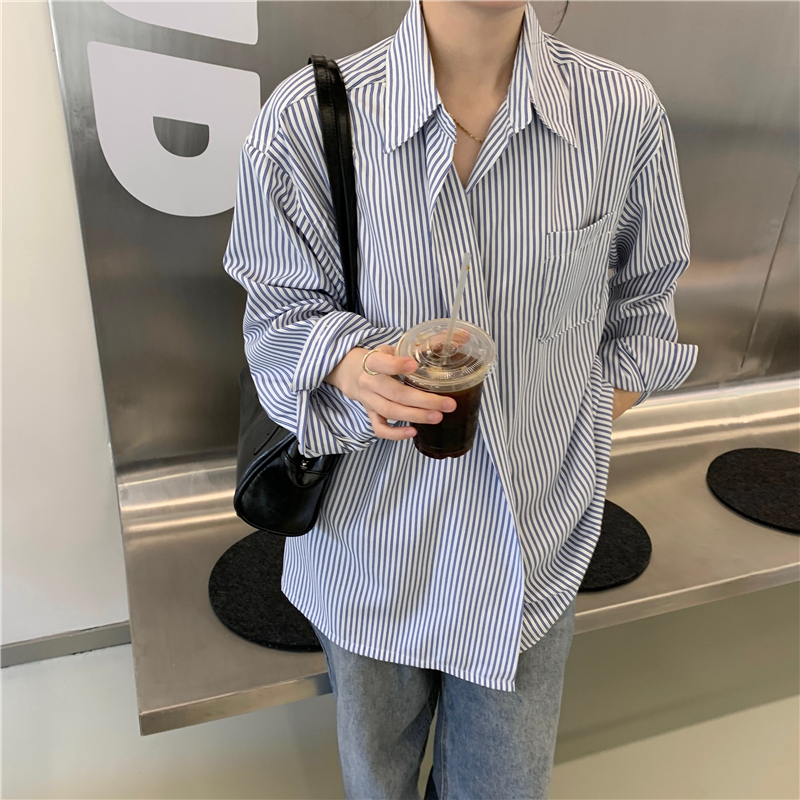 Real price ~ Spring New Korean Pinstripe shirt pocket Lapel thin shirt cardigan