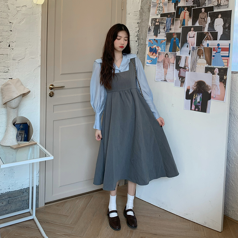 Real price ~ fashion cardigan Navy collar shirt + waist strap dress 2-piece set