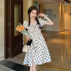Real price ~ French ins personalized one line Lapel dress women's lace up pleated bubble sleeve dress