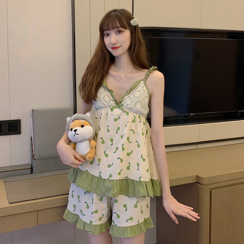 現貨實拍實價~甜美小碎花木耳邊設計感吊帶睡衣睡裙三件套