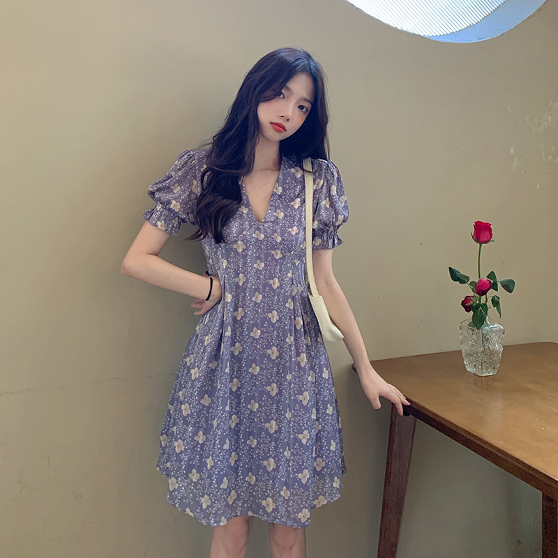 Real price Korean V-neck vintage floral dress one piece bubble sleeve waist dress