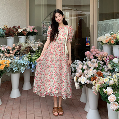 Real price ~ French Chic sweet floral skirt, waist super fairy, versatile slim Short Sleeve Dress