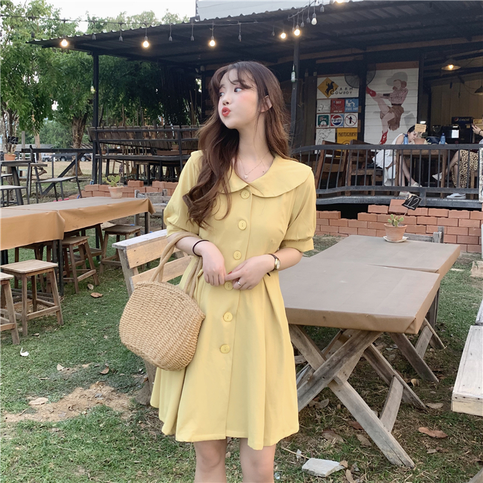 Real price ~ Korean version baby collar show thin A-line skirt single breasted pleated Short Sleeve Dress