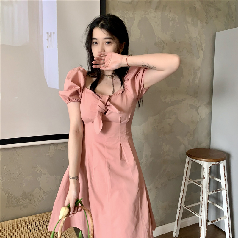 Real price ~ 2021 new personalized bow A-line skirt pink bubble sleeve sweet dress