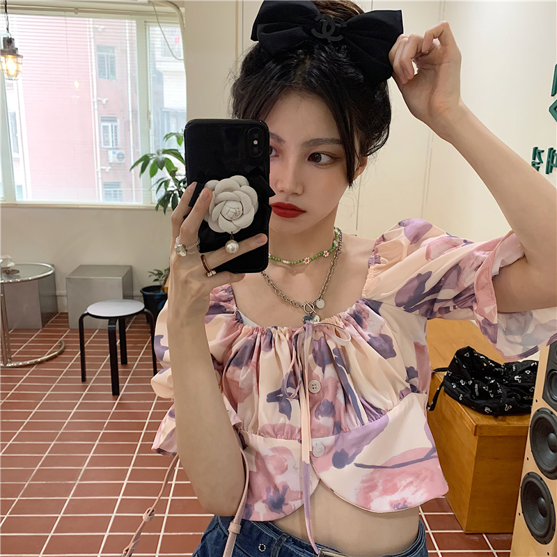 Real price ~ South Korean ins tie dyed square collar shirt short lace up cardigan design feeling navel shirt
