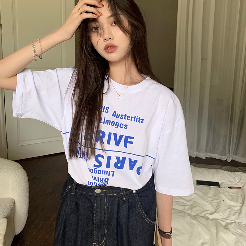 Real price ~ summer simple basic letter print T-shirt slim round neck versatile short sleeve top