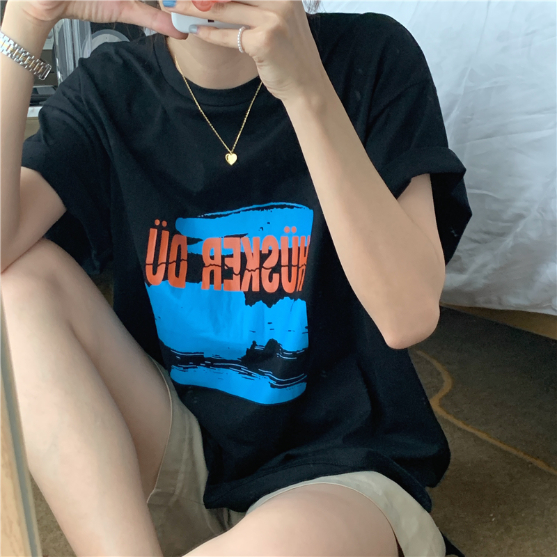 Real price ~ 2021 fashion foreign style printed top women's loose casual temperament versatile letter T-shirt