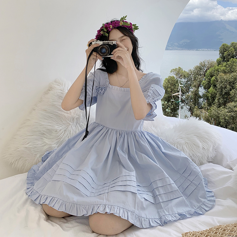 Real price ~ design feeling gentle French square collar dress flower short sleeve princess skirt