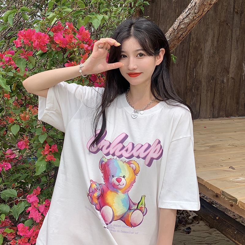 Real price ~ funny color bear t Loose personality three-dimensional letter thin top