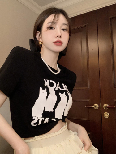 Real price ~ cat printed short sleeve straight shoulder T-shirt women's 2022 new summer niche slim top