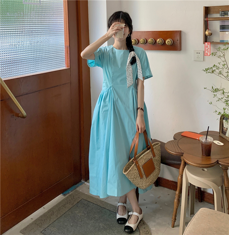 Real price ~ Korean chic design side pocket long skirt women's solid round neck dress
