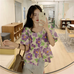 Real price ~ western style split shirt female bubble sleeve sweet flower square collar shirt