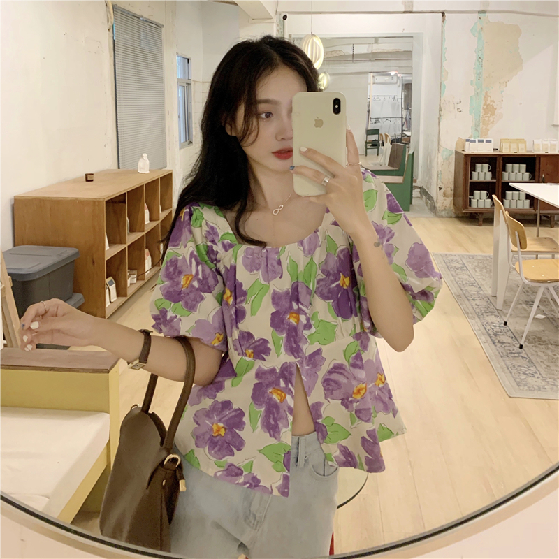 Real price ~ western style split shirt female bubble sleeve sweet flower square collar shirt