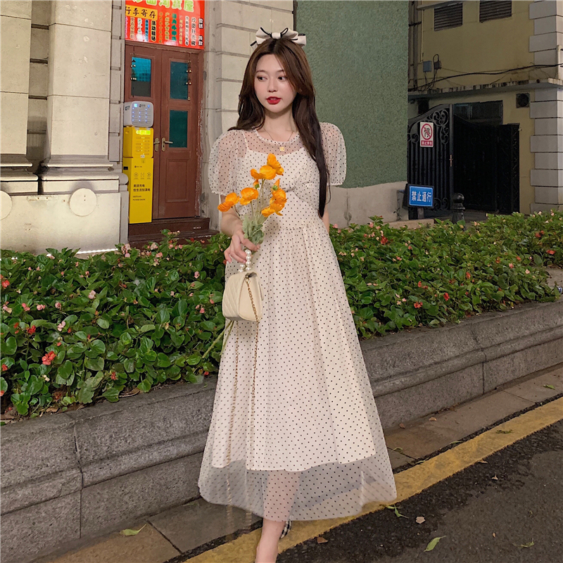 Real price ~ foreign style super fairy twist dot mesh skirt women's waist sweet dress