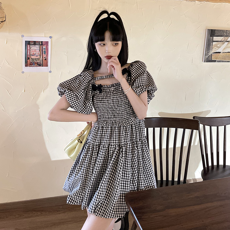 Real price ~ French super fairy bow skirt women's Auricular hem pleated waist dress