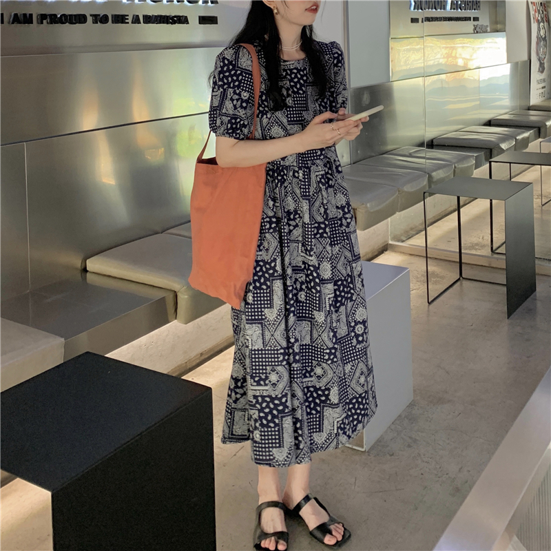 Real price ~ summer cashew long skirt women's thin round neck dress with bubble sleeves