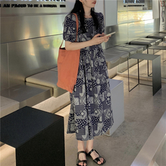 Real price ~ summer cashew long skirt women's thin round neck dress with bubble sleeves