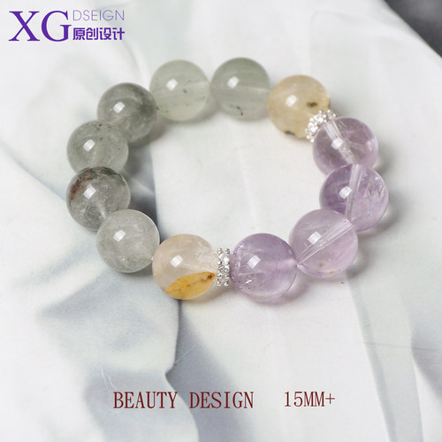 15MM天然水晶紫黄胶花招财手串