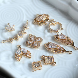 铸铜锆石配件爱心羽毛树叶锁四叶草铜质手链DIY微镶发簪头饰挂坠